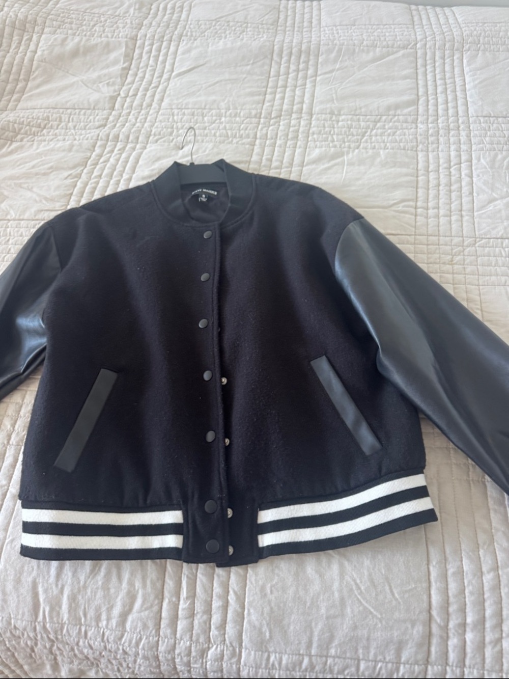 Steve Madden Black Varsity Jacket with White Stripe Hem